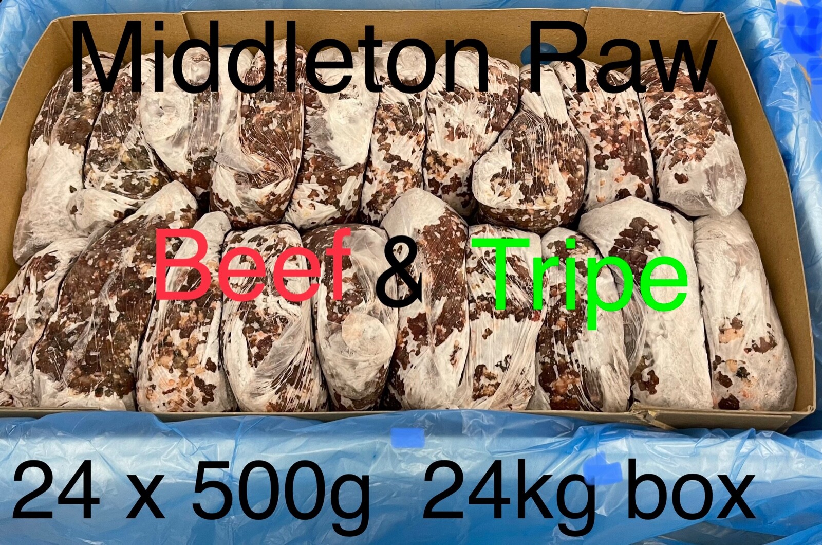 RAW Frozen Dog Food BEEF & TRIPE 40x 500g bags/Blocks 20kg Box BARF RAW