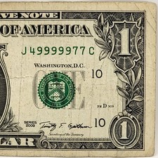 Five in a Row 9s Fancy Serial Number One Dollar Bill J49999977C Pair 7s FW