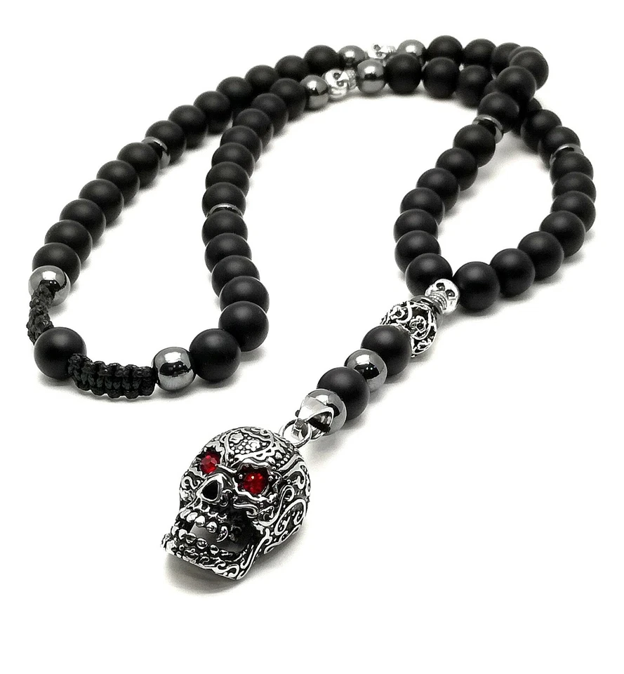 Herren Halskette totenkopf Onyx Edelstein skull Necklace Rosenkranz Bikerkette - Bild 3 von 4