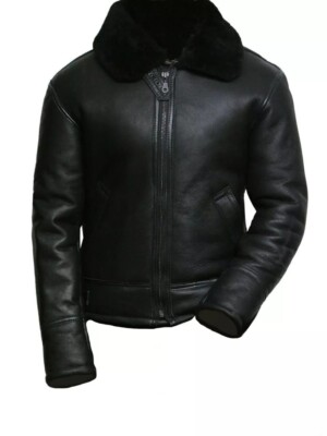 Men's Black Aviator B3 Real Shearling Sheepskin Leather Bomber Flying Pilot Jack