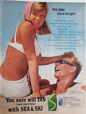 Sea and Ski Suntan Lotion Print Ad 1964 Ephemera Wall Art Decor Renauld Sunglass