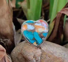 Natural Oyster Copper Turquoise Heart Shape Ring 925 Sterling Silver Love Ring