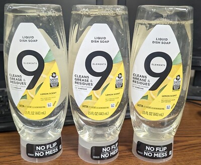 LOT OF 3 - 9 ELEMENTS LEMON SCENT LIQUID DISH SOAP  15 FL OZ EACH