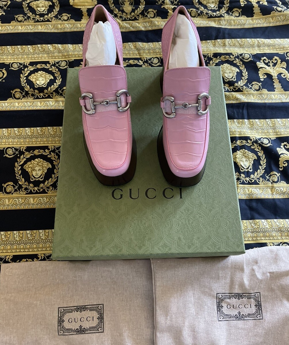 New Auth Gucci Horsebit Croc Platform Loafers Woman Heels Pink G