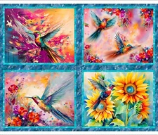 Multi Hummingbird Bouquet 36In x 44 Panel, 3 Wishes Fabric
