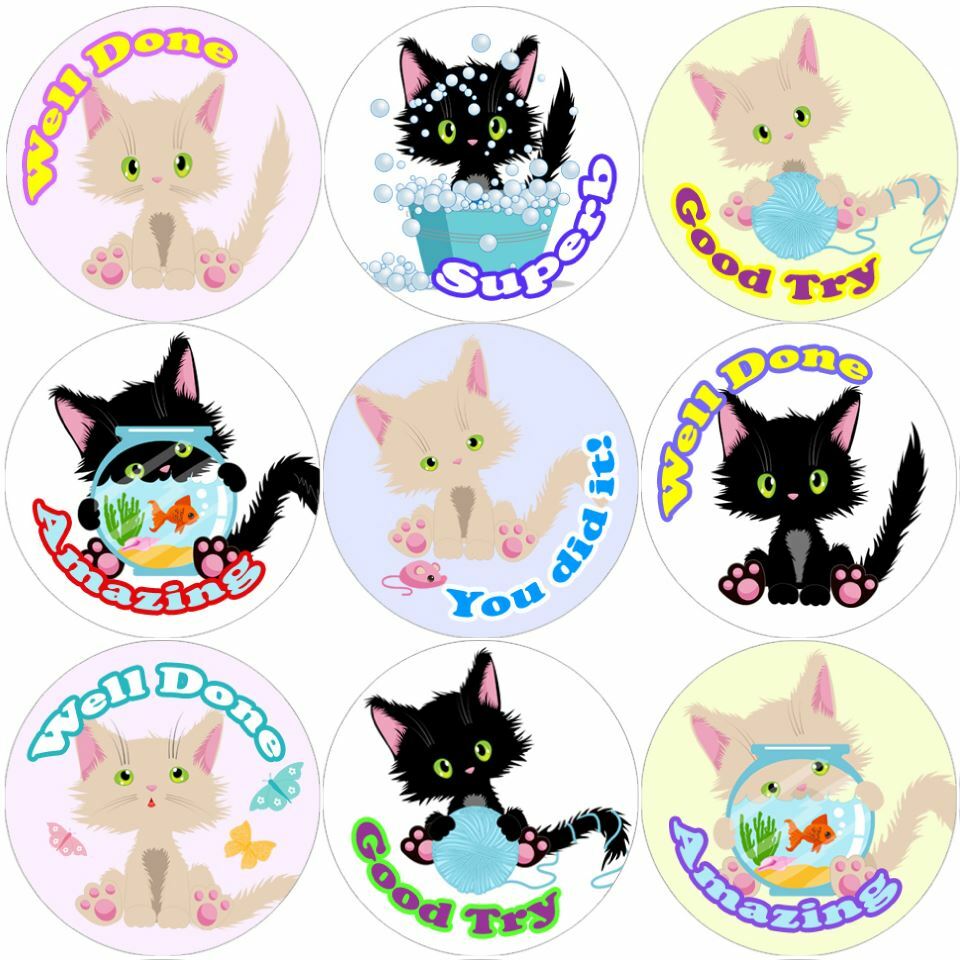 144 Cute Cats Praise Words 30mm Children's Reward Stickers for Teachers Parents