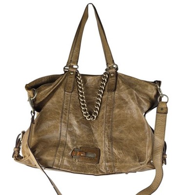 Max Mara Brown Distressed Leather Chain Strap Slouchy Shoulder Tote Bag Satchel 
