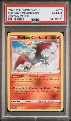2023 POKEMON SWORD & SHIELD CROWN ZENITH #020 RADIANT CHARIZARD PSA 8
