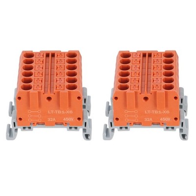 2 Pcs 6 in 6 Out 450V 32A Din Rail Terminal Block for 24-12AWG Cable, Orange
