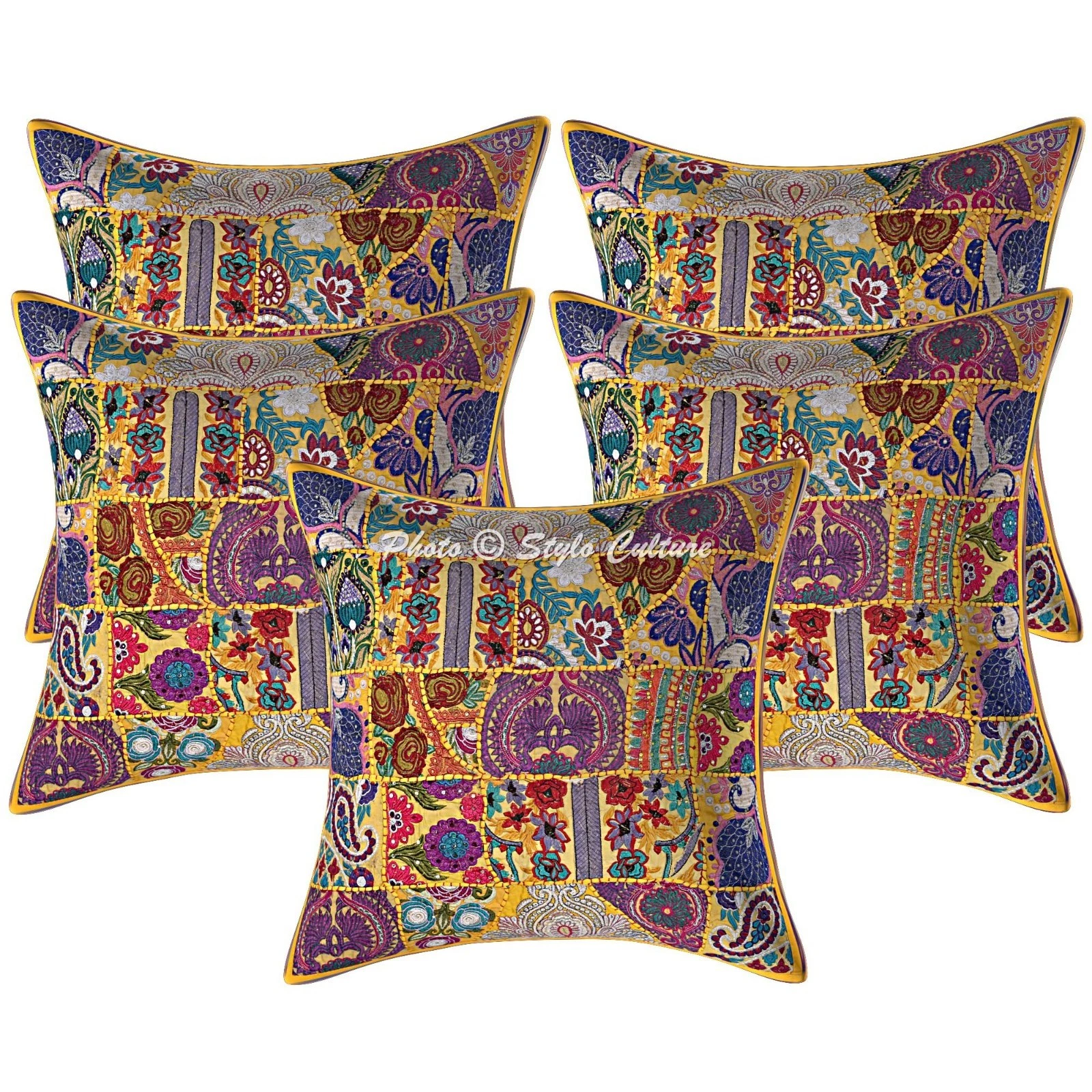 Boho Vintage Patchwork Throw Pillow Covers Cotton Yellow 60x60 cm Home Decor