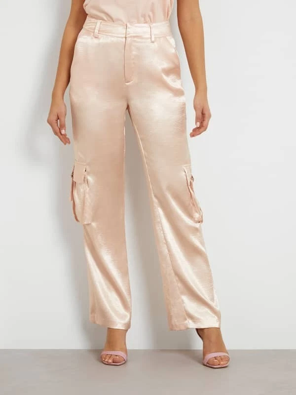 Guess Jamie Cargo Pants Women's XS Pink Satin High-Rise Straight Leg FTS1121