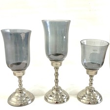 Set of 3 Silver Hurricane Glass Candle Holders Smoky Grey Cylinders 15,13, 11"