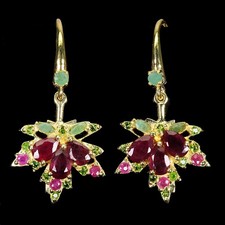 Orecchini In Argento Sterling 925 Con Rubino E Gemma Naturale Di Smeraldo 6x4mm