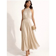 NWT ELIE TAHARI Cream Satin Halter Maxi Dress Sleeveless Size 6 Formal