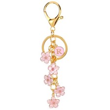 Initial Letter Flower Keychain, Alphabet R Enamel Charm Flower Keyring, Pink
