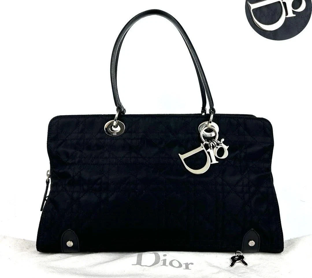 Sac à main Christian Dior Lady Dior Cannage daim nylon cuir noir