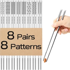 8 Pairs Metal Chopsticks Reusable 18/8 Stainless Steel Chopsticks Set Cute Laser