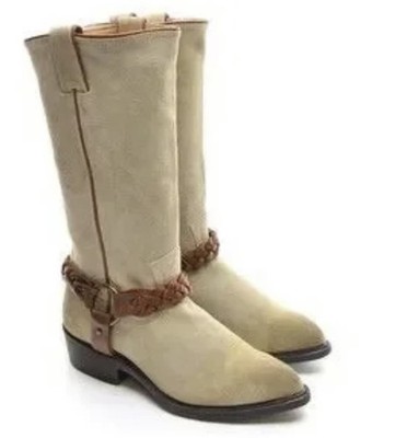 FRYE Beige Suede Billy Braided Harness Strap Leather Western Boots 7.5 B 76005
