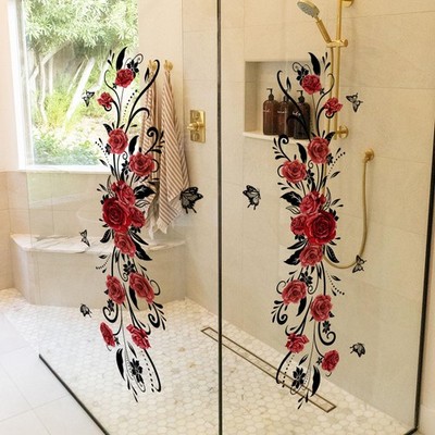 Red Rose Floral Flower Vine Window Cling Decals Vinyl Peel and Stick Wall Win...