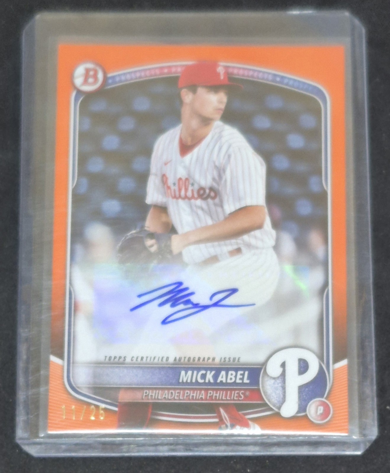 2025 Bowman Prospect Autograph Mick Abel Orange Paper #d /25 Phillies RC