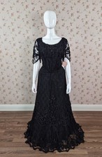 1890s Victorian Dress, Black Silk Lace Mourning Gown "Museum Deaccession" Sz M/L