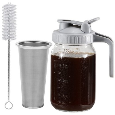 Cold Brew Coffee Maker Glass Pitcher, 32 oz Mason Jar with Pour Spout Handle ...