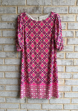 Eliza J Short Sleeve Colorful Geo Print Stretch Zip Back Dress Women's Size 10