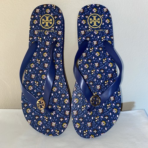Infradito sottile Tory Burch ~ blu navy con disegno floreale taglia 9 ~ nuovo senza etichette