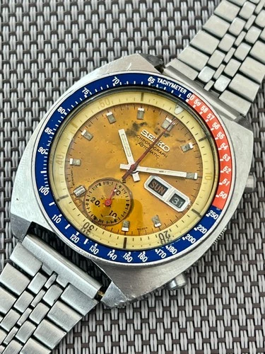 SEIKO 6139-6002 Automatic Chronograph Watch Vintage Men's POGUE Yellow Dial 17 J