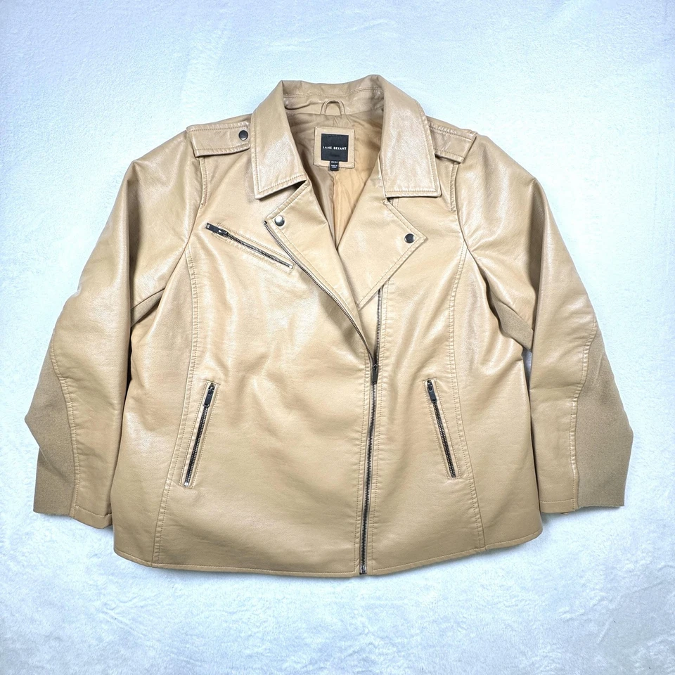 Chaqueta Lane Bryant para mujer 22/24 cuero sintético tostado motociclista Asym cremallera talla grande Foto 2 de 4