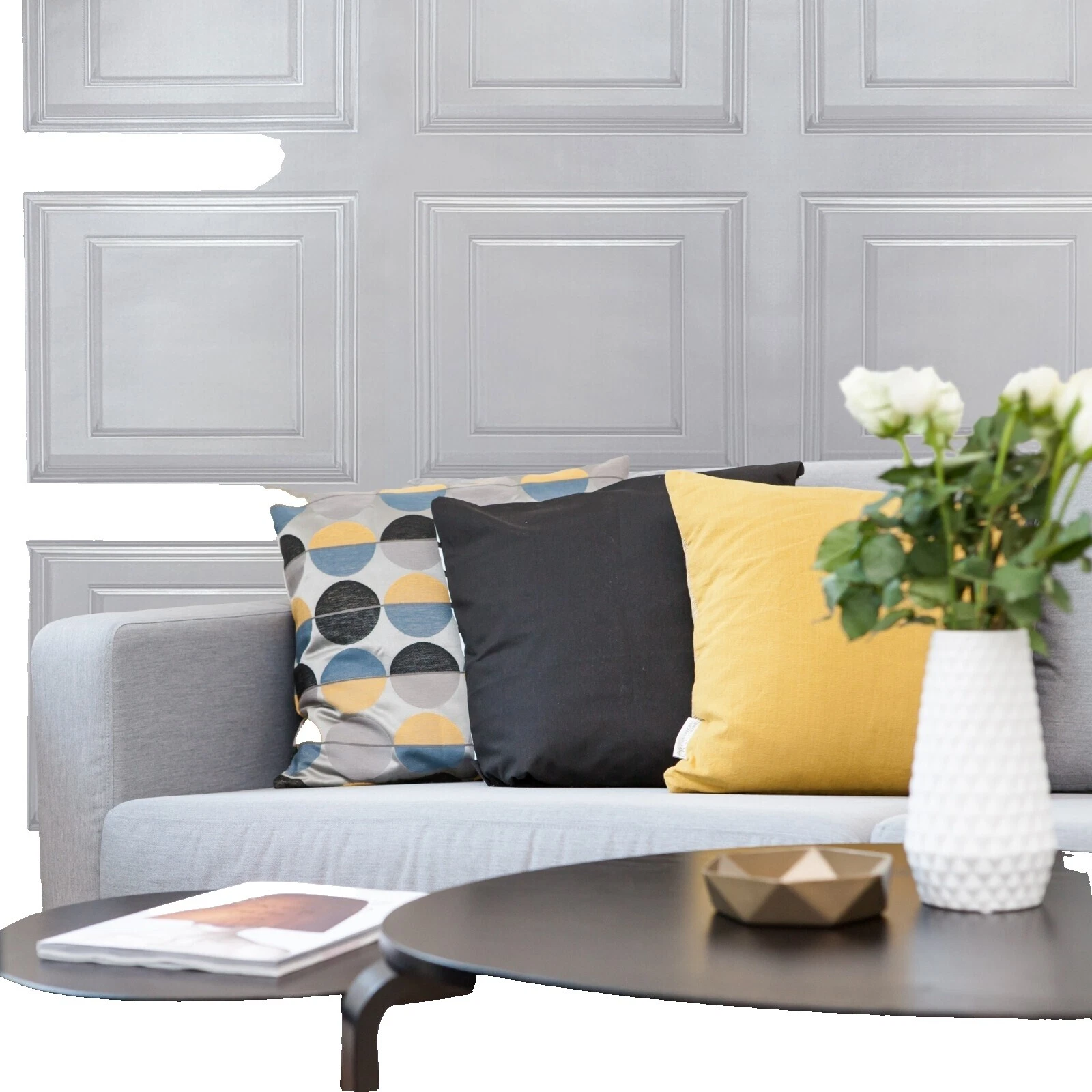 Rollos de papel pintado geométrico de madera y hojas