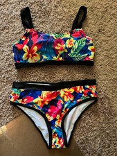 NEW SIZE L LARGE Women's High Waist 2 PC Bikini Set Swimsuit FLORAL/BLACK TRIM