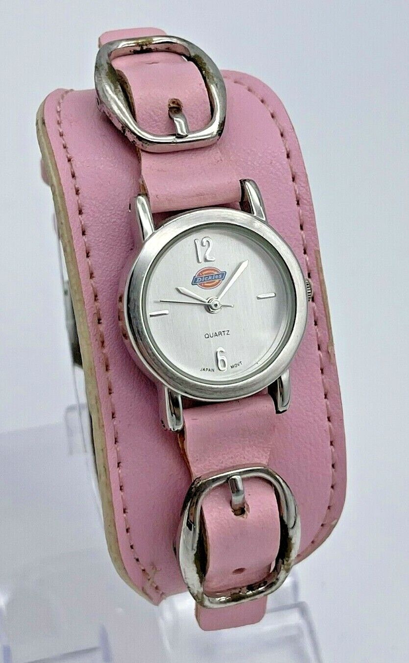 Ladies DICKIES Silver Tone Pink Leather Wide Cuff Band Quartz Watch, Running