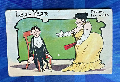 Freche Comic Postkarte 1900er Schaltjahr BBW große Dame LIEBLING ICH BIN DEINS