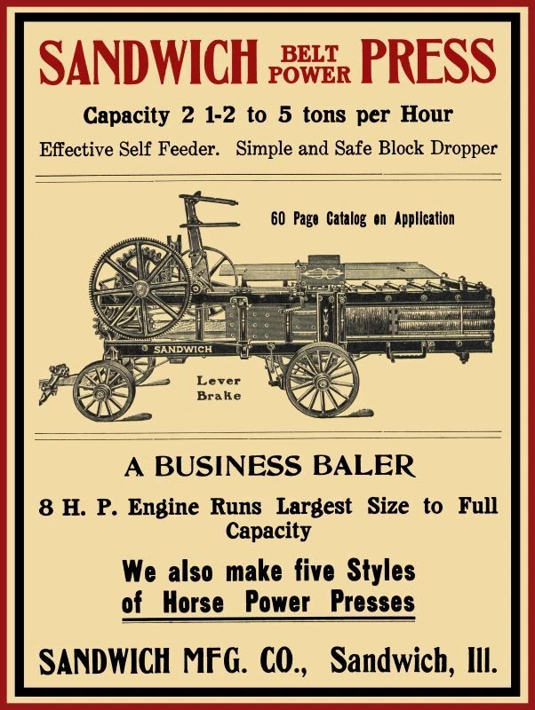 1906 Sandwich Mfg. Co NEW Metal Sign: Belt Power Press - Sandwich, Illinois