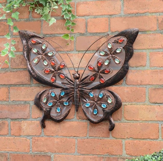 Solar Powered Metal Jewelled Butterfly Wall Art LED Light Garden Decor