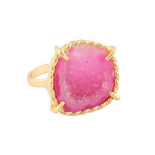 Lovely Pink Crystal Geode Druzy Yellow Gold Plated Adjustable Ring For Women's