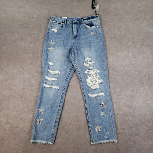 BlankNYC Jeans Women’s 30 Blue The Ludlow Crop Girlfriend Raw Hem Distress Star