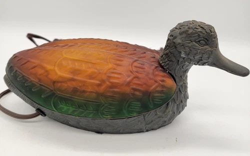 Vintage Tiffany Style Glass Brass Mallard Duck Nightlight Warm Glow Lamp Amber