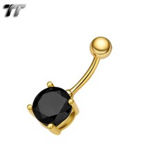 TT 14K Gold Sparkling CZ Round Belly Bar Ring  6mm-12mm Stone 8/10mm Bar Length