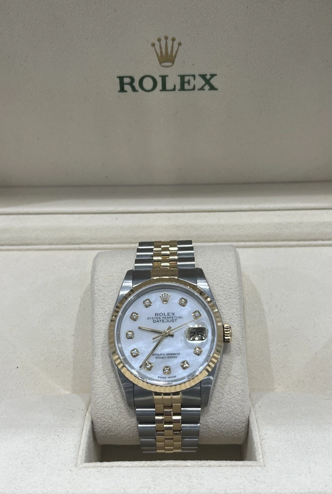 Rolex — Gents Steel & Gold Rolex Datejust 36mm Custom White Mother Of Pearl Diamond Dial