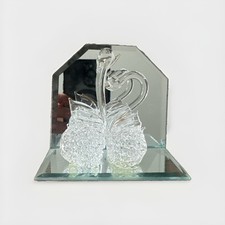 Vtg New Pair Of Glass Swans On Mirror Wedding Anniversary Love Small Decoration
