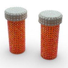 Set Of 2 Bling Embellished Pill Bottles 6-Dram Orange  White Resin Rhinestones