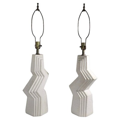 2-XL Vintage 70s 80s Ziggurat Post Modern Sculptural Plaster Zig Zag Table Lamps