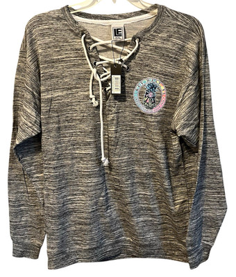 NWT LE Women Plus Size XXL 2X Lace Up LS Sweatshirt Top Vneck Gray White Heather