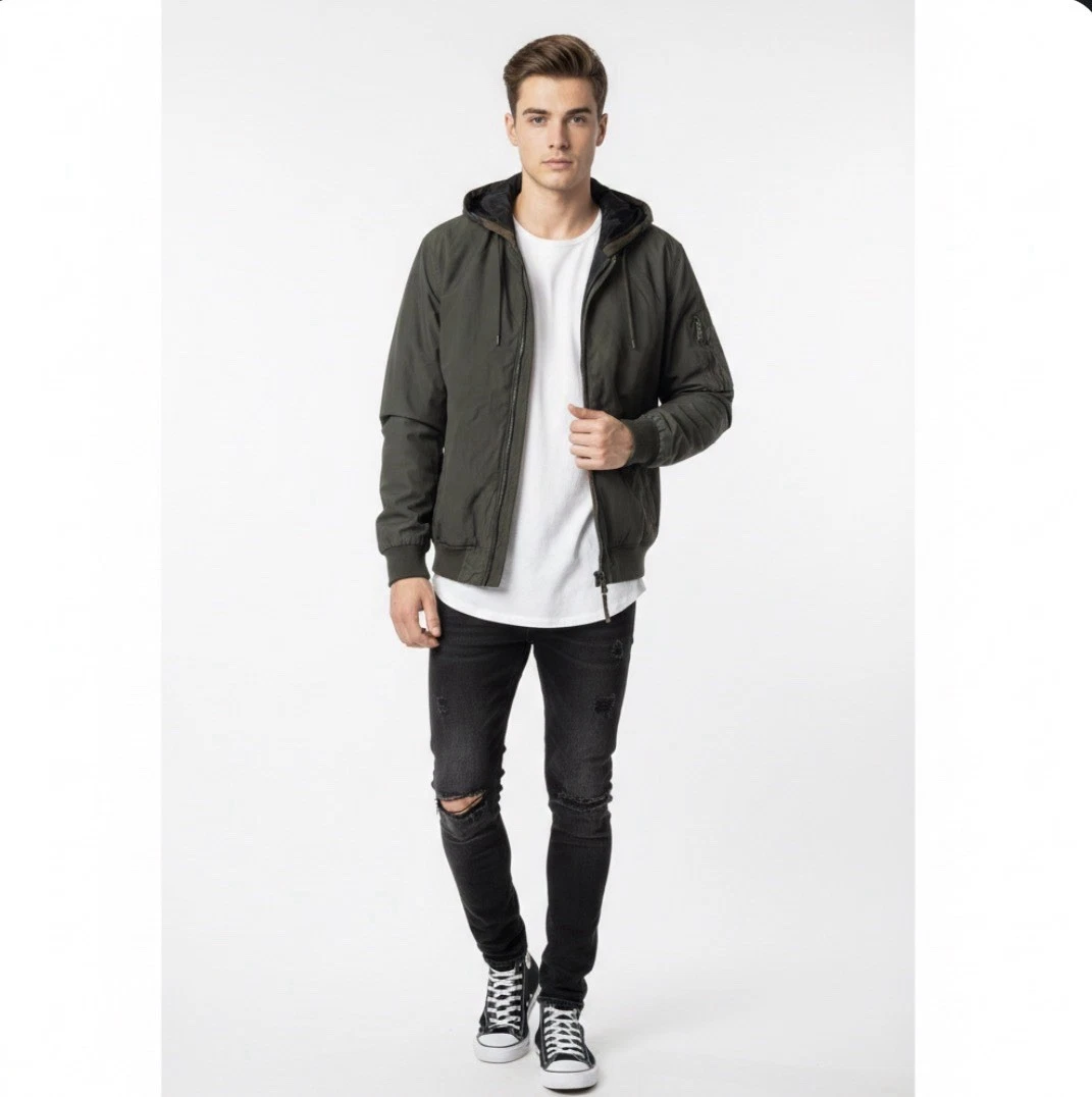 Angelo Litrico Denim Div Men’s Hooded Bomber Jacket - Olive Green Camo
