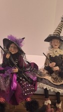 2 Halloween Witch Dolls 25" Wand Jewel Hat Shelf Sitters