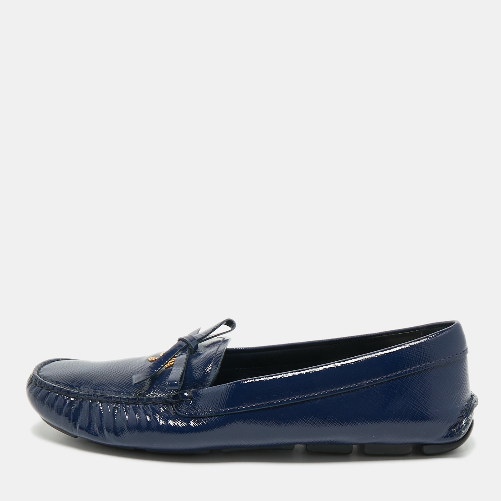 Prada Navy Saffiano Patent Leather Bow Loafers Size 39.5