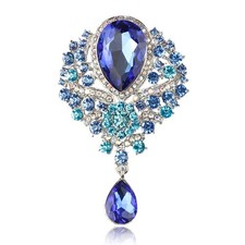 Wedding Bridal Big Crystal Rhinestone Bouquet Brooch Pin for Women Blue 