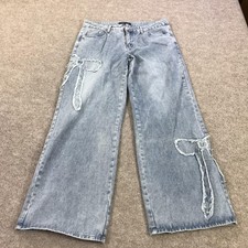 Aeropostale Aero Baggy Wide Leg Jeans Womens L Blue Light Wash Denim Bow Accents